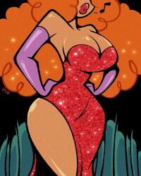  1girl breasts cleavage cosplay curly_hair dress elbow_gloves gloves jessica_rabbit jessica_rabbit_(cosplay) large_breasts legendofnerd orange_hair powerpuff_girls purple_gloves red_dress sara_bellum solo spotlight theater thighs who_framed_roger_rabbit wide_hips 