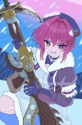  1girl absurdres beret character_name coat fur-trimmed_coat fur-trimmed_sleeves fur_trim gloves gun hasu hat heterochromia highres holding holding_weapon hololive houshou_marine looking_at_viewer monster_hunter monster_hunter:_world monster_hunter_(series) monster_hunter_world:_iceborne open_mouth red_eyes red_hair rifle smile snow snowing solo teeth virtual_youtuber weapon winter_clothes winter_coat yellow_eyes 