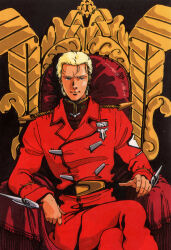  1990s_(style) 1boy absurdres bad_end belt blonde_hair char&#039;s_counterattack char_aznable commentary english_commentary gundam highres insignia looking_at_viewer medal mikimoto_haruhiko military military_uniform mullet neo_zeon retro_artstyle scan science_fiction throne traditional_media uniform 