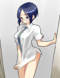  00s 1girl bleach blue_eyes blue_hair blush bottomless clenched_teeth clothes_pull covering_privates covering_crotch dress_shirt embarrassed gender_request genderswap glasses ishida_uryuu looking_down matching_hair/eyes necktie panties pantyshot sacchin_(yama) shirt shirt_pull shirt_tug short_hair side-tie_panties solo teeth underwear  rating:Questionable score:33 user:danbooru