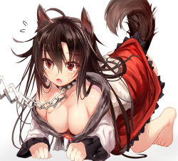 1girl ahoge all_fours animal_ears bare_shoulders barefoot blush breasts brooch brown_hair chain cleavage collar collarbone downblouse dress efe flying_sweatdrops hair_between_eyes imaizumi_kagerou jewelry large_breasts long_hair open_mouth red_eyes simple_background solo sweatdrop tail tears teeth touhou very_long_hair white_background wolf_ears wolf_tail rating:Sensitive score:37 user:danbooru