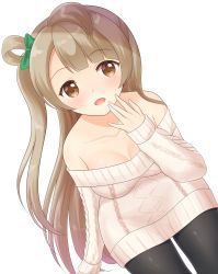  10s 1girl bare_shoulders blush bow breasts brown_eyes brown_hair cleavage futaba_kurumi green_bow hair_bow hand_to_own_mouth highres long_hair looking_at_viewer love_live! love_live!_school_idol_project medium_breasts minami_kotori off-shoulder_sweater off_shoulder open_mouth side_ponytail solo sweater thighhighs 