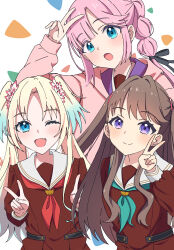  3girls :o ;d absurdres anyoji_hime aqua_neckerchief arm_behind_back arm_up awaomi black_ribbon blonde_hair blue_eyes blue_hair blunt_bangs brown_dress brown_hair closed_mouth commentary double_v dress fang flower fujishima_megumi gradient_hair hair_flower hair_ornament hair_ribbon hasu_no_sora_school_uniform highres jacket light_blue_hair light_blush link!_like!_love_live! long_hair long_sleeves looking_at_viewer love_live! mira-cra_park! multi-tied_hair multicolored_hair multiple_girls neckerchief one_eye_closed open_mouth osawa_rurino parted_bangs pink_flower pink_hair pink_jacket ponytail purple_eyes red_neckerchief ribbon sailor_collar sailor_dress school_uniform sidelocks skin_fang smile split_mouth swept_bangs twintails two_side_up v v_over_head virtual_youtuber white_background white_flower white_sailor_collar winter_uniform 