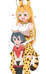  2girls absurdres age_difference aged_up alternate_breast_size alternate_hair_length alternate_hairstyle animal_ears animal_print bare_arms bare_shoulders behind_another black_eyes black_gloves black_hair black_pantyhose blonde_hair blush bow bowtie breast_rest breasts breasts_on_head chis_(js60216) collarbone elbow_gloves fang furrowed_brow gloves grey_shorts heart height_difference high-waist_skirt highres kaban_(kemono_friends) kemono_friends large_breasts long_hair miniskirt multiple_girls onee-loli open_mouth pantyhose pantyhose_under_shorts parted_lips print_bow print_bowtie print_gloves print_skirt print_thighhighs red_shirt scared serval_(kemono_friends) serval_print shirt short_hair short_sleeves shorts simple_background skirt smile standing sweat tail thighhighs translation_request turn_pale v_arms very_long_hair wavy_mouth white_background yellow_eyes yuri zettai_ryouiki  rating:Sensitive score:24 user:danbooru