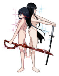 2girls ass bakuzan barefoot black_hair blue_eyes breasts closed_mouth commentary completely_nude deadmann_artworks english_commentary feet frown full_body highres kill_la_kill kiryuuin_satsuki large_breasts long_hair looking_at_viewer matoi_ryuuko medium_breasts multicolored_hair multiple_girls nude short_hair siblings sisters sparkle_censor standing streaked_hair sword toes two-tone_hair weapon white_background 