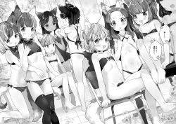  6+girls :d animal_ears bare_arms bare_legs bare_shoulders barefoot bikini blush breasts chair closed_mouth collarbone commentary_request dutch_angle eye_contact flower greyscale indoors loli looking_at_another micro_bikini monochrome multiple_girls mutou_mato on_chair open_mouth original parted_bangs parted_lips sitting small_breasts smile standing swimsuit tail thighhighs tile_floor tiles toenails translation_request v-shaped_eyebrows  rating:Questionable score:40 user:danbooru
