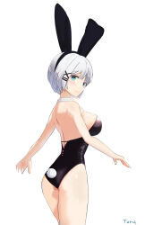  absurdres animal_ears artist_name ass back bare_arms bare_back bare_shoulders black_hairband black_leotard blue_eyes breasts cowboy_shot detached_collar fake_tail hair_ornament hairband hairclip highres large_breasts leotard looking_at_viewer looking_back outstretched_arms playboy_bunny rabbit_ears rabbit_tail siesta_(tantei_wa_mou_shindeiru) simple_background spread_arms strapless strapless_leotard tail tantei_wa_mou_shindeiru toru white_background white_hair x_hair_ornament 