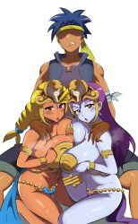  1boy 2girls absurdres belly_dancer blonde_hair bolo_(shantae) braid breasts colored_skin dancer_outfit harem_outfit highres large_breasts multiple_girls cooperative_paizuri paizuri purple_hair purple_skin revealing_clothes risky_boots shantae_(series) shantae_and_the_pirate&#039;s_curse sky_(shantae) tongue tongue_out  rating:Explicit score:47 user:Nikumi