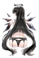 1girl absurdres arknights ass bare_shoulders black_eyes black_garter_straps black_halo black_panties black_wings blush butt_crack closed_mouth commentary_request energy_wings from_behind garter_straps halo highres hime_cut horn/wood looking_at_viewer looking_back mole mole_under_eye panties simple_background sitting smile solo underwear virtuosa_(arknights) white_background wings
