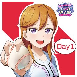  1girl 2024 ball barkhorn0331 baseball baseball_jersey blue_shirt collarbone commentary_request copyright_name english_text hair_between_eyes highres holding holding_ball jersey looking_at_viewer love_live! love_live!_superstar!! medium_hair open_mouth orange_hair outline portrait purple_eyes shibuya_kanon shirt solo speech_bubble teeth upper_body upper_teeth_only white_outline 