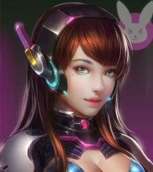  1girl bad_id bad_pixiv_id breasts brown_hair cleavage cleavage_cutout clothing_cutout d.va_(overwatch) glowing green_eyes headgear highres logo long_hair looking_at_viewer medium_breasts mole mole_under_eye overwatch overwatch_1 parted_lips pilot_suit pink_lips portrait purple_background realistic shoulder_pads sidelocks simple_background smile solo upper_body zhen_guodong  rating:Sensitive score:16 user:danbooru
