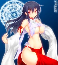  1girl asamura_hiori bare_shoulders black_hair blue_bra bra breasts cleavage clothing_cutout covered_erect_nipples detached_sleeves dodecagram earrings female_focus highres japanese_clothes jewelry large_breasts long_hair looking_at_viewer magic_circle midriff miko navel original panties red_eyes revealing_clothes side-tie_panties simple_background smile solo thighs underboob underboob_cutout underwear white_panties wide_sleeves 