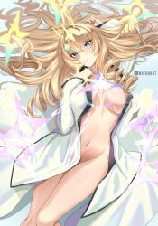  1girl blonde_hair blue_eyes breasts crown_(naked_king)_(nikke) crown_(nikke) diadem disembodied_limb drill_hair goddess_of_victory:_nikke grin hair_ornament headgear large_breasts long_hair looking_at_viewer lying midriff nathosf navel on_back open_clothes open_shirt shirt smile solo twitter_username white_shirt 