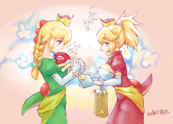 1boy 3girls aurastack baby baby_mario bag blonde_hair blue_eyes braid braided_ponytail breasts crown crying dress elbow_gloves from_side gloves handbag hat juliet_sleeves kamek large_breasts long_sleeves mario mario_(series) multiple_girls nintendo open_mouth personification ponytail puffy_sleeves smile super_crown super_mario_world_2:_yoshi&#039;s_island tail yoshi yoshi&#039;s_island