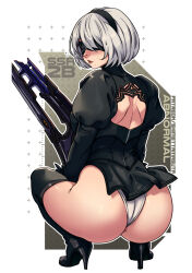  1girl 2023 2b_(nier:automata) anus anus_peek ass back_cutout black_dress black_footwear blindfold boots character_name clothing_cutout commentary crossover dress english_commentary facing_viewer feather-trimmed_sleeves female_focus from_behind goddess_of_victory:_nikke gun hairband heattech_leotard high_heel_boots high_heels holding holding_gun holding_weapon huge_ass juliet_sleeves leotard long_sleeves looking_back mole mole_under_mouth nier:automata nier_(series) out_of_frame patterned_background puffy_sleeves red_lips shimetta_masuta short_hair solo squatting sweatdrop thick_thighs thigh_boots thighs weapon white_hair wide_hips 