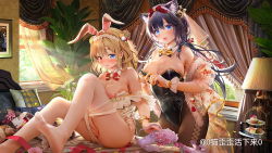  2girls :d animal_ear_fluff animal_ears black_hair black_leotard blonde_hair blue_eyes blush bow bowtie breasts bridal_gauntlets brown_legwear cat_ears cleavage clothes_pull comb covering_privates covering_crotch curtains detached_collar double_bun earrings fake_animal_ears feet food hair_bun hair_ribbon hairband heterochromia holding holding_comb indoors jewelry large_breasts leotard multiple_girls mwwhxl nipple_slip nipples no_shoes off_shoulder on_bed open_mouth original pantyhose pantyhose_pull petals plant playboy_bunny rabbit_ears red_bow red_bowtie red_eyes red_ribbon ribbon sitting smile standing strapless strapless_leotard sweets tiered_tray white_legwear white_leotard window yellow_bow yellow_bowtie 