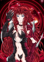  1girl antenna_hair arm_blade armor bikini_armor black_sclera blade blue_eyes breasts claws colored_sclera crossover curvy demon_girl denim high_school_dxd highres large_breasts long_hair ratedshadowharuhi red_hair rias_gremory smile solo_focus very_long_hair weapon witchblade  rating:Questionable score:8 user:godgun21