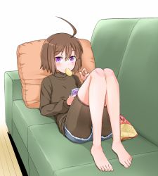  1girl ahoge barefoot bike_shorts black_sweater blush book brown_hair casual chips_(food) couch denim denim_shorts feet flat_chest food food_in_mouth full_body huge_ahoge linne looking_at_viewer on_couch open_book pillow poncocchan potato_chips purple_eyes reading shorts shorts_under_shorts solo sweater toes turtleneck turtleneck_sweater under_night_in-birth  rating:Sensitive score:29 user:danbooru