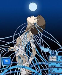  1girl bandages body_horror brown_hair cable cord cyborg iwakura_lain looking_up lowres medium_hair nude serial_experiments_lain solo wire 