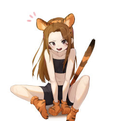  1girl absurdres animal_ears animal_hands bare_arms bare_shoulders black_shorts brown_eyes brown_hair claws collarbone commentary_request fake_animal_ears fake_claws fake_tail full_body gloves highres idolmaster idolmaster_(classic) idolmaster_million_live! kouki_(chancegak) long_hair looking_at_viewer midriff minase_iori navel notice_lines open_mouth orange_gloves paw_gloves paw_shoes pink_eyes shorts simple_background sitting solo strapless tail teeth tiger_ears tiger_tail tube_top upper_teeth_only white_background  rating:Sensitive score:23 user:danbooru