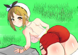 1girl artist_request ass atelier_(series) atelier_ryza bare_shoulders blush breasts brown_eyes brown_hair from_behind hair_ornament hair_ribbon hairclip hat highres large_breasts leaning leaning_forward looking_at_viewer red_shorts reisalin_stout ribbon rock shiny_skin short_hair short_shorts shorts sideboob smile solo rating:Questionable score:3 user:armorcrystal
