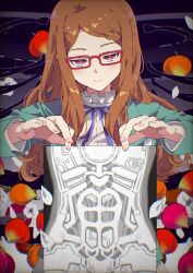  1girl akai_meganee android blue_ribbon brown_hair chinese_lantern_(plant) closed_mouth collared_shirt commentary_request flower glasses green_jacket hair_ornament hairclip hands_up highres holding holding_photo jacket long_hair long_sleeves looking_at_viewer mechanical_parts neck_ribbon orange_flower otome_kaibou_(vocaloid) petals photo_(object) pink_flower pretty_series purple_eyes red-framed_eyewear ribbon ribs shirt solo swept_bangs tsujii_luki upper_body waccha_primagi! white_shirt x-ray_film 