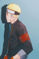 1boy aged_up artist_request blonde_hair blue_eyes blush clenched_teeth facial_mark forehead_protector grin hand_in_pocket konohagakure_symbol long_sleeves male_focus naruto:_the_last naruto_(series) shadow short_hair signature smile solo teeth third-party_source uzumaki_naruto whisker_markings  rating:General score:1 user:danbooru
