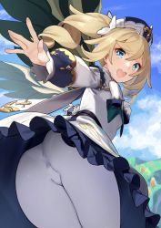 1girl 92m ass barbara_(genshin_impact) belt blonde_hair blue_eyes blue_sky blush breasts day dress drill_hair genshin_impact highres long_hair long_sleeves looking_at_viewer looking_back open_mouth pants pantyhose priestess sky small_breasts smile thighs twin_drills twintails white_dress white_headwear white_pants white_sleeves rating:Sensitive score:178 user:danbooru