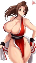  1girl absurdres blush breasts brown_eyes brown_hair cleavage eyebrows full_body gloves hand_fan highres huge_breasts japanese_clothes jmg long_hair looking_at_viewer no_bra pelvic_curtain pout red_gloves shiranui_mai solo the_king_of_fighters thick_thighs thighs white_background  rating:Sensitive score:211 user:danbooru
