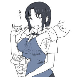  1girl 1other black_hair grabbing_another&#039;s_breast breasts eating food food_on_face grabbing greyscale groping highres holding holding_food holding_spoon ice_cream medium_breasts monochrome onsen_tamago_(hs_egg) shirafuji_kyouko shirt short_hair short_sleeves simple_background spoon sundae upper_body vest white_background working!! 
