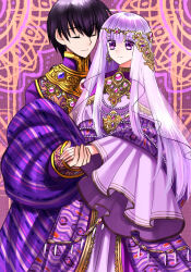  1boy 1girl 74 alternate_costume black_hair circlet closed_eyes closed_mouth commentary_request commission dress fire_emblem fire_emblem:_genealogy_of_the_holy_war formal gold_trim hair_between_eyes highres holding_hands husband_and_wife jewelry julia_(fire_emblem) long_hair looking_at_another nintendo purple_background purple_dress purple_eyes purple_hair purple_shirt scathach_(fire_emblem) see-through shirt short_hair skeb_commission smile veil wide_sleeves 