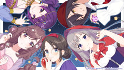  5girls :o ;d apple asymmetrical_bangs bandana black_hair blue_background blue_corset blue_eyes blue_outline border breasts brown_eyes brown_hair capelet circle_formation closed_mouth collarbone collared_shirt commentary_request copyright_notice corset cosplay cosplay_request detached_sleeves diagonal_bangs double_bun end_card finger_to_own_chin flower food fruit gem gradient_background grey_hair grimm&#039;s_fairy_tales grin guest_art hair_bun hair_flower hair_ornament hand_up highres holding holding_food holding_fruit holding_gem hood hooded_capelet idolmaster idolmaster_shiny_colors l&#039;antica_(idolmaster) large_breasts little_red_riding_hood_(grimm) little_red_riding_hood_(grimm)_(cosplay) long_hair long_sleeves looking_at_viewer medium_breasts mitsumine_yuika multiple_girls official_art one_eye_closed open_mouth outline outside_border parted_lips partial_commentary pink_flower puffy_long_sleeves puffy_sleeves purple_eyes purple_gemstone purple_hair purple_nails rapunzel_(grimm) rapunzel_(grimm)_(cosplay) red_bandana red_capelet see-through see-through_sleeves shigure_ui shirase_sakuya shirt short_hair short_sleeves side_ponytail sidelocks smile snow_white_(grimm) snow_white_(grimm)_(cosplay) star_(symbol) starry_background straight_hair tanaka_mamimi tsukioka_kogane two-handed underbust white_border white_flower white_shirt yellow_eyes yukoku_kiriko 