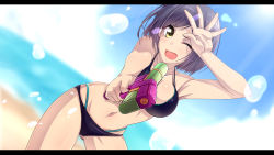  1girl ;d aiming aiming_at_viewer arm_up bare_arms bare_shoulders beach bikini black_bikini blue_sky blurry blurry_background breasts cleavage cloud cloudy_sky commentary_request day depth_of_field gluteal_fold holding horizon iga_tamaki large_breasts letterboxed looking_at_viewer navel nijisanji ocean one_eye_closed open_mouth outdoors purple_hair sand shizuka_rin short_hair sky smile solo swimsuit virtual_youtuber water water_gun yellow_eyes 