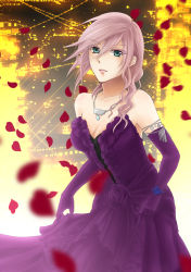  10s 1girl alternate_costume asymmetrical_hair bare_shoulders blue_eyes breasts cleavage collarbone dress elbow_gloves final_fantasy final_fantasy_xiii flower formal frills gloves jewelry kuru&#039;n lightning_farron lightning_returns:_final_fantasy_xiii looking_at_viewer necklace pendant petals pink_hair purple_dress purple_gloves rose_petals solo standing 