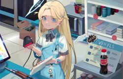  1girl @_@ absurdres angel&#039;s_24_uniform_(blue_archive) apron barcode_scanner blonde_hair blue_apron blue_archive blue_eyes blue_halo bow bowtie closed_mouth coca-cola commentary cowboy_shot crying crying_with_eyes_open cup_ramen detached_wings forehead gun halo highres holding_scanner indoors irreligiositat long_hair looking_at_viewer mini_wings parted_bangs rifle scrunchie shirt short_sleeves soda_bottle solo sora_(blue_archive) standing store_clerk striped_bow striped_bowtie striped_clothes tears two_side_up very_long_hair weapon white_shirt white_wings wings wrist_scrunchie 