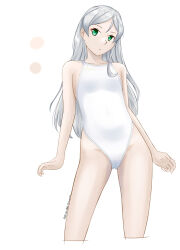  1girl alternate_costume anon. breasts competition_school_swimsuit green_eyes grey_hair highres javelin_(kancolle) kantai_collection long_hair loose_hair_strand one-piece_swimsuit school_swimsuit small_breasts solo standing swimsuit white_background white_one-piece_swimsuit 