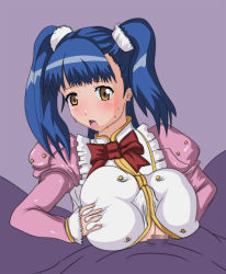  1girl blue_hair breasts brown_eyes chuiru choujuushin_gravion highres huge_breasts large_breasts long_hair open_mouth paizuri paizuri_under_clothes sweat twintails  rating:Explicit score:11 user:tanukichi