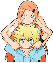  1boy 1girl aged_down artist_request bare_arms bare_shoulders blonde_hair blue_eyes cheek_pull green_eyes hair_ornament hairclip long_hair looking_at_viewer lowres mouth_pull namikaze_minato naruto_(series) naruto_shippuuden orange_hair round_teeth short_sleeves simple_background spiked_hair teeth transparent_background upper_body uzumaki_kushina white_background wristband  rating:Sensitive score:50 user:danbooru