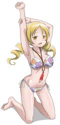  1girl armpits arms_up barefoot bikini blonde_hair breasts drill_hair feathers floral_print full_body hair_ornament hairpin highres jewelry kneeling large_breasts long_hair looking_at_viewer magia_record:_mahou_shoujo_madoka_magica_gaiden mahou_shoujo_madoka_magica mahou_shoujo_madoka_magica_(anime) navel necklace riokasen simple_background solo swimsuit tomoe_mami twin_drills white_background white_bikini yellow_eyes  rating:Sensitive score:12 user:danbooru
