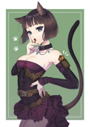 1girl absurdres animal_ear_fluff animal_ears arm_pouch bare_shoulders belt blue_eyes bob_cut breasts brown_hair cat_day cat_ears cat_girl cat_tail cleavage collar commentary corset detached_sleeves dress fang hand_on_own_hip highres karanashi_mari licking licking_finger looking_at_viewer medium_breasts nail_polish original paw_print short_hair simple_background solo strapless strapless_dress tail tongue tongue_out twitter_username rating:Sensitive score:10 user:danbooru