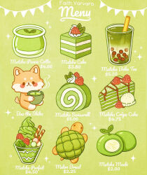  :&lt; absurdres animal-themed_food artist_name blush_stickers bread bubble_tea cake cake_slice chocolate_syrup cinnamon_stick closed_mouth commentary crepe_cake cup dessert dog drink drinking_straw english_commentary english_text faith_varvara food food_focus fruit garland_(decoration) glass green_background green_tea green_theme highres holding holding_cup holding_drink ice_cream jar leaf matcha_(food) menu mochi no_humans original oversized_food oversized_object parfait price raspberry shiba_inu simple_background sitting solid_circle_eyes sparkle steam swiss_roll tea turtle whipped_cream 