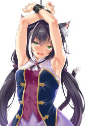 1girl animal_ear_fluff animal_ears armpits arms_up bare_shoulders bdsm black_hair blush bondage bound bound_arms breasts cat_ears cat_girl cat_tail chain chained cle_masahiro cowboy_shot dress fang green_eyes highres karyl_(princess_connect!) long_hair looking_at_viewer low_twintails multicolored_clothes multicolored_dress multicolored_hair princess_connect! simple_background skin_fang sleeveless sleeveless_dress small_breasts solo streaked_hair tail twintails v-shaped_eyebrows very_long_hair white_background white_hair rating:Sensitive score:74 user:danbooru
