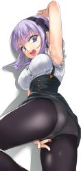  10s 1girl arm_up armpits bad_id bad_twitter_id black_pantyhose blue_eyes breasts covered_erect_nipples crotch_seam dagashi_kashi flower hair_flower hair_ornament hairband high-waist_skirt highres ipuu_(el-ane_koubou) large_breasts looking_at_viewer nail_polish open_mouth panties panties_under_pantyhose pantyhose purple_hair rose shidare_hotaru short_hair simple_background skirt solo underwear white_background  rating:Sensitive score:112 user:danbooru