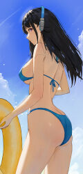 1girl absurdres ass back bare_arms bikini black_hair blue_bikini blue_bow blue_sky bow breasts butt_crack clisapex cloud commentary_request day headphones highres holding holding_swim_ring innertube long_hair looking_at_viewer looking_to_the_side medium_breasts outdoors purple_eyes sideboob sidelocks sky snowbreak:_containment_zone solo standing swim_ring swimsuit yao_(snowbreak) 