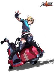  1girl alternate_costume belt biker_clothes blonde_hair blue_eyes boots breasts claire_fox copyright_name fingerless_gloves gloves goggles goggles_on_head jacket large_breasts motor_vehicle navel official_art open_fly scooter short_hair short_shorts short_sleeves shorts solo tencent_qq thigh_boots thighhighs unzipped vehicle vespa xuan_dou_zhi_wang zipper 