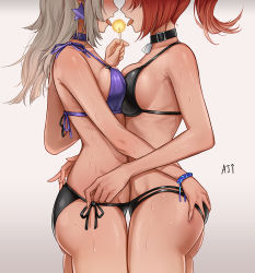  2girls aa-12_(girls&#039;_frontline) ark_john_up ass ass_grab bare_shoulders bikini black_bikini black_ribbon blush breast_press breasts buckle candy collar collarbone commentary cowboy_shot earrings english_commentary food from_side girls&#039;_frontline head_out_of_frame holding holding_food jewelry lollipop long_hair medium_breasts mismatched_bikini mp7_(girls&#039;_frontline) multiple_girls open_mouth ponytail red_hair ribbon side-tie_bikini_bottom sideboob signature silver_hair simple_background star_(symbol) star_earrings sweat swimsuit symmetrical_docking tongue tongue_out white_background wristband yuri  rating:Sensitive score:95 user:danbooru