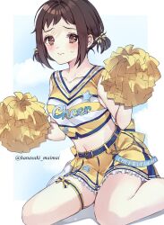  1girl bang_dream! blush border bow breasts brown_eyes brown_hair cheerleader cleavage closed_mouth collarbone commentary_request crop_top hair_bow hazawa_tsugumi highres looking_at_viewer medium_breasts midriff navel outside_border pom_pom_(cheerleading) sakurahara short_twintails skindentation skirt solo sweatdrop tank_top thigh_strap twintails twitter_username white_border white_footwear yellow_bow yellow_skirt 