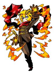  1boy alchemist_(sekaiju) alchemist_3_(sekaiju) blonde_hair blue_eyes brown_jacket brown_pants commentary diamond_(shape) dondon096 etrian_odyssey expressionless fighting_stance fire fluffy_hair full_body gloves glowing glowing_weapon hand_up highres jacket looking_at_viewer looking_down male_focus pants red_scarf scarf sekaiju_no_meikyuu sekaiju_no_meikyuu_1 short_hair signature simple_background solo thick_eyebrows weapon white_background 