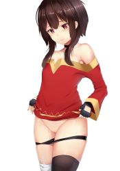 1girl bandages bare_shoulders black_panties breasts choker clothes_lift dress dress_lift fingerless_gloves gloves has_bad_revision has_censored_revision highres kono_subarashii_sekai_ni_shukufuku_wo! long_sleeves megumin mengo pale_skin panties panty_pull pussy_juice red_eyes short_hair_with_long_locks simple_background single_thighhigh skindentation small_breasts solo thighhighs transparent_background uncensored underwear rating:Explicit score:91 user:danbooru