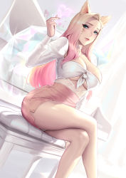 1girl absurdres ahri_(league_of_legends) alternate_color animal_ears bare_legs blonde_hair blue_eyes breasts choker cian_yo cleavage clothing_cutout commentary crossed_legs crystal_tail english_commentary eyes_visible_through_hair facial_mark fox_ears front-tie_top glint gradient_hair green_eyes heart highres k/da_(league_of_legends) k/da_ahri large_breasts league_of_legends lips long_hair long_sleeves looking_at_viewer midriff miniskirt multicolored_hair multiple_tails official_alternate_costume panties pantyshot pencil_skirt pink_hair pink_skirt shirt sitting skirt snapping_fingers solo t-shirt tail thighs tied_shirt underboob_cutout underwear vastaya whisker_markings white_choker white_panties white_shirt rating:Sensitive score:160 user:danbooru